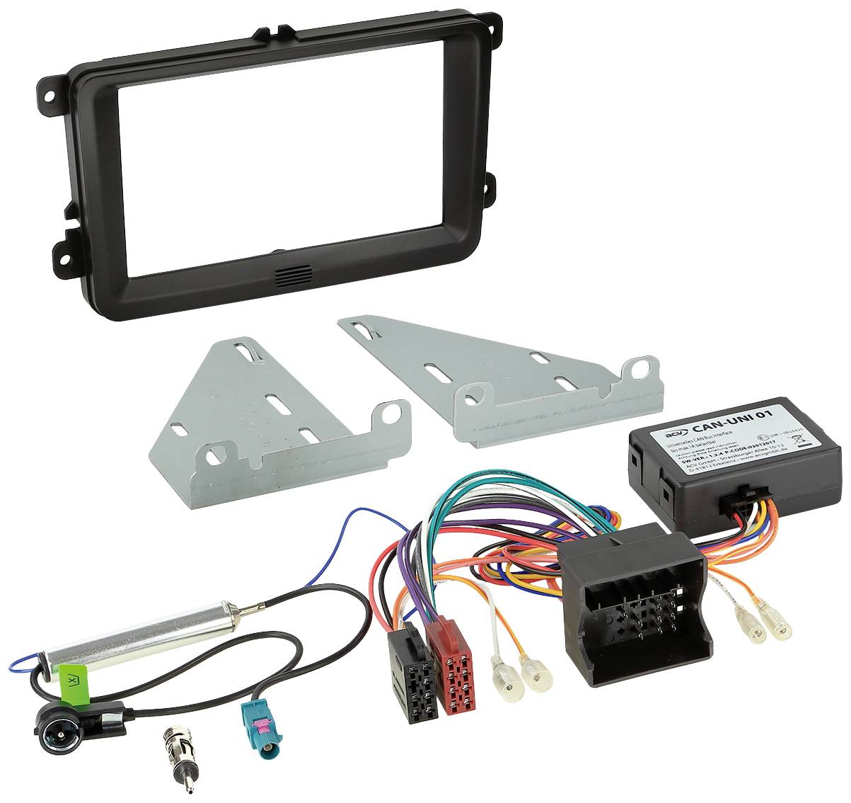 Car radio installation kit: Contains a rectangular fascia panel, two mounting plates, cable connections, and adapter for connection.