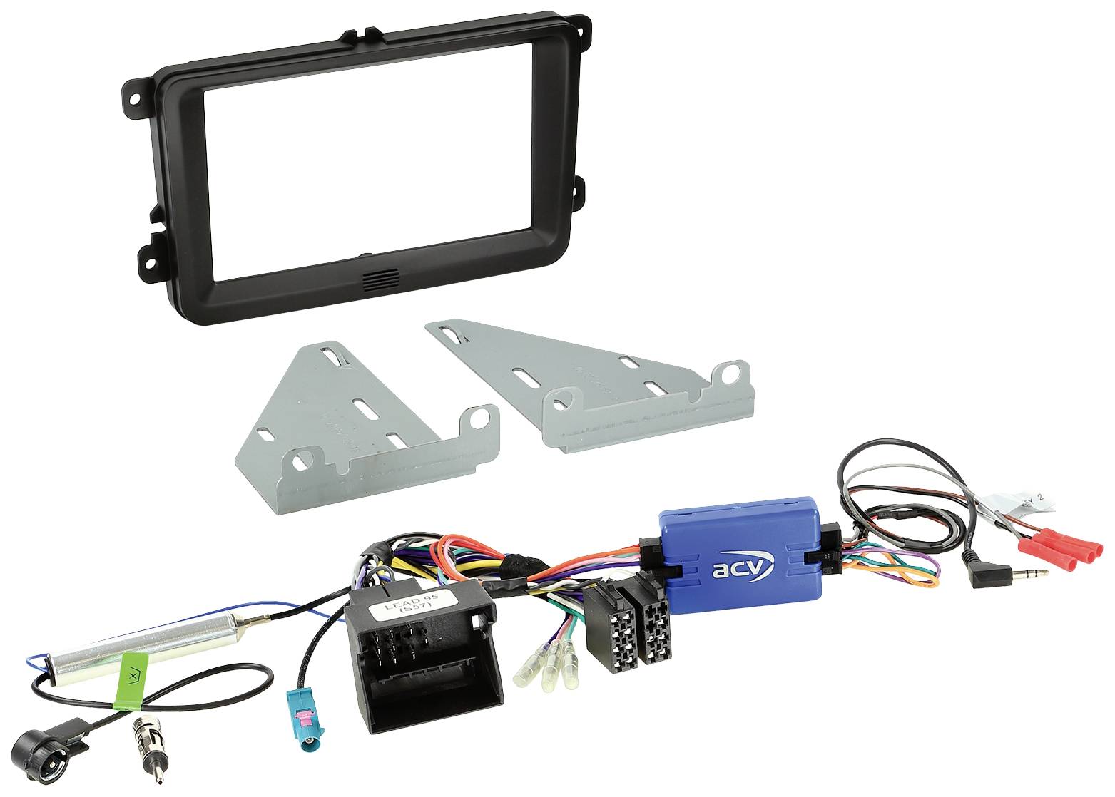 Radio installation kit, comprising radio fascia, mounting brackets and wiring adapter. Ideal for installing a new car stereo.