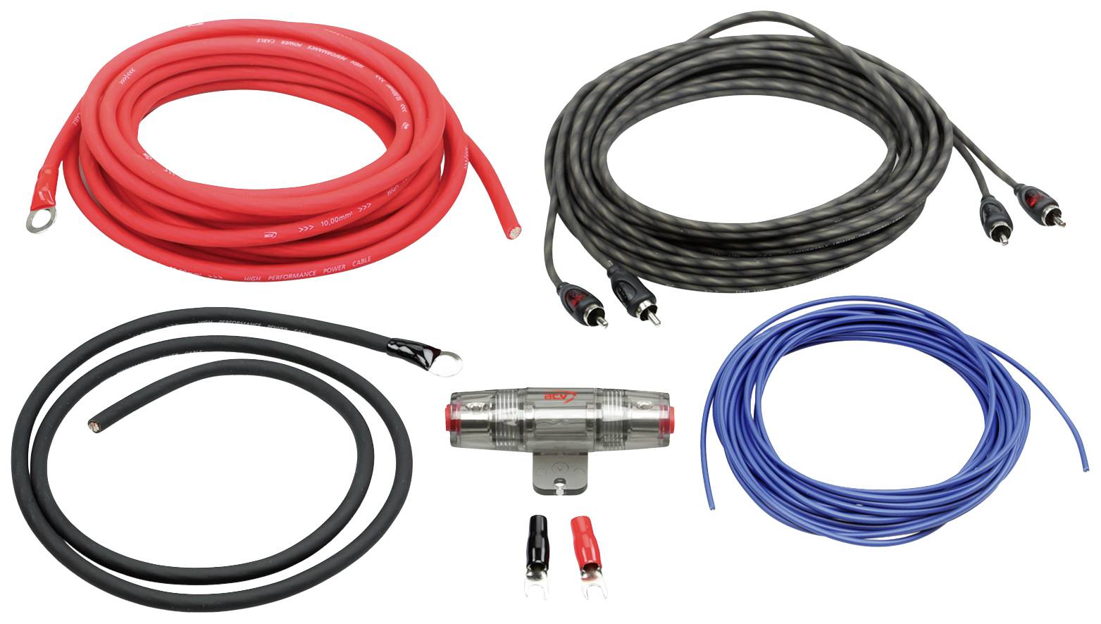 Car audio wiring kit with red, blue and black cables, connectors and a fuse holder for installing audio systems.
