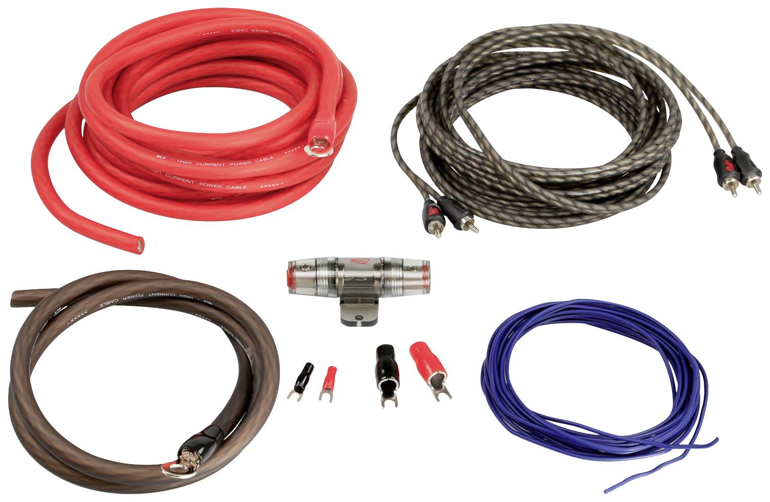 Cable set for car amplifier: red power cables, brown earth cables, black RCA cables, blue speaker cables and fuse holder.