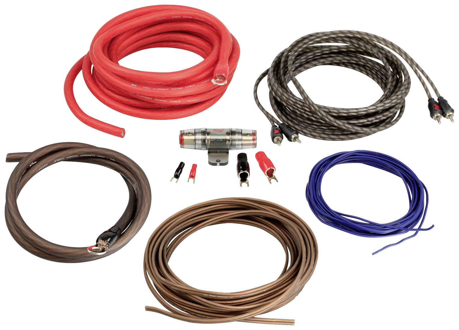 Various cable types and colours, including red, black, brown and blue cables, with connectors and a distributor.