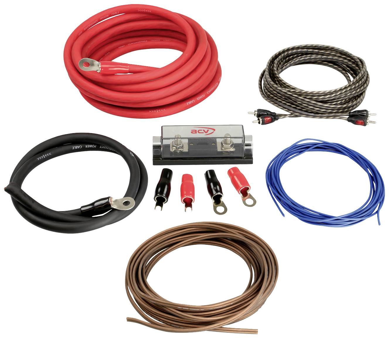 Cable kit on a white background with red, black, blue, and brown wires, fuse holder, and connectors. Organised layout.