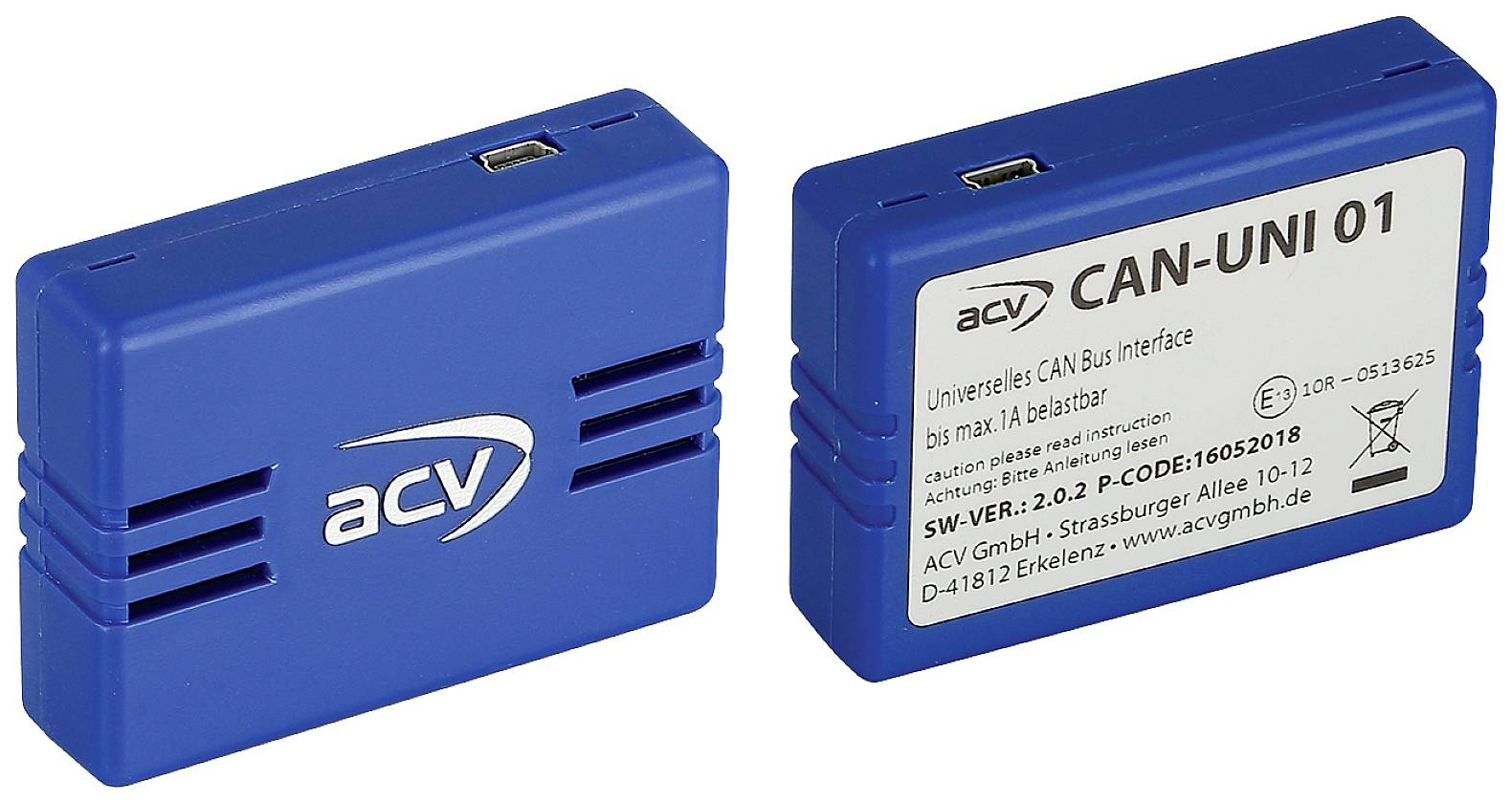Two blue electronic modules with the inscription 'acv' and 'CAN-UNI 01' for connection to a CAN bus system.