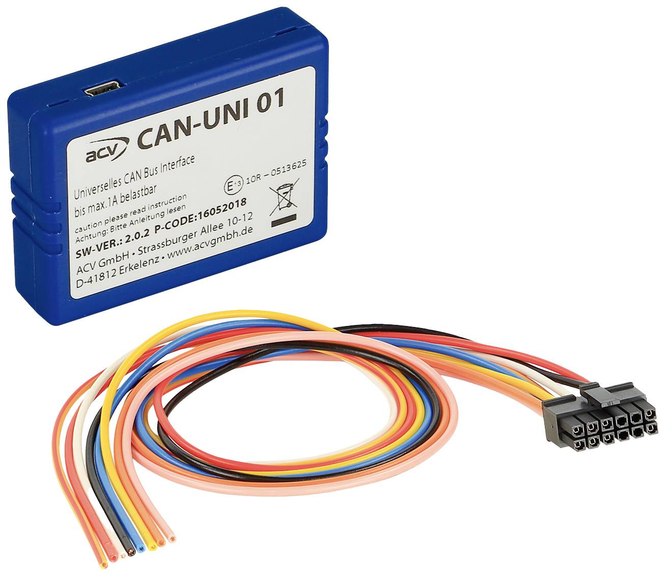 Blue universal CAN bus interface module 'CAN-UNI 01' with coloured cables and plug, for vehicle integration.