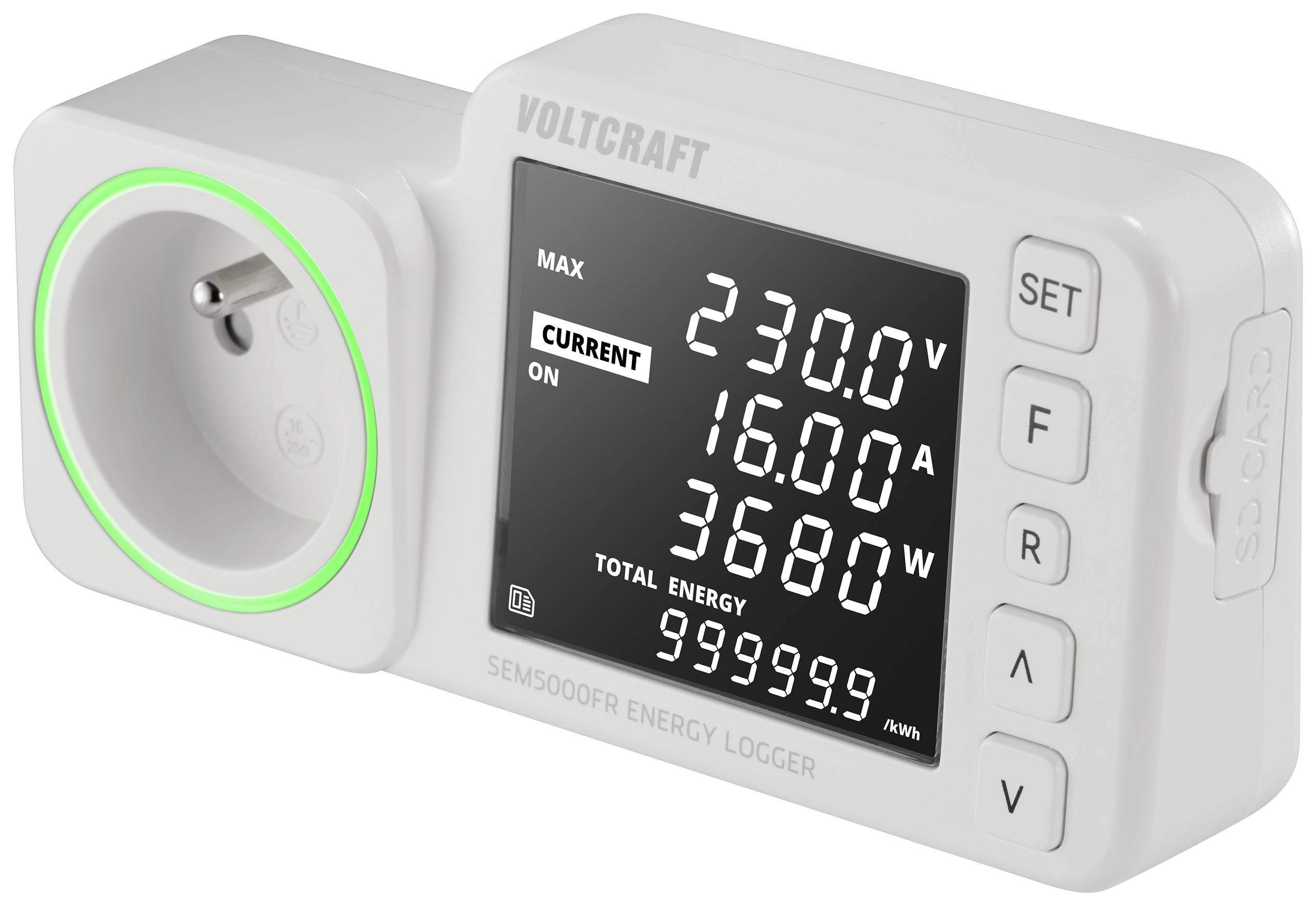 Energy Meter Socket with Display shows 'Max 230.0V, Current 16.0A, 3680W, Total Energy 999999.9kWh'. Buttons F, R, SET.