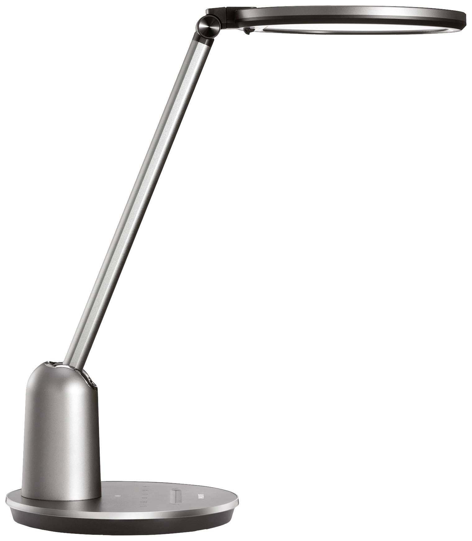 Modern grey desk lamp with a round head and adjustable arm, suitable for desk work or reading light.