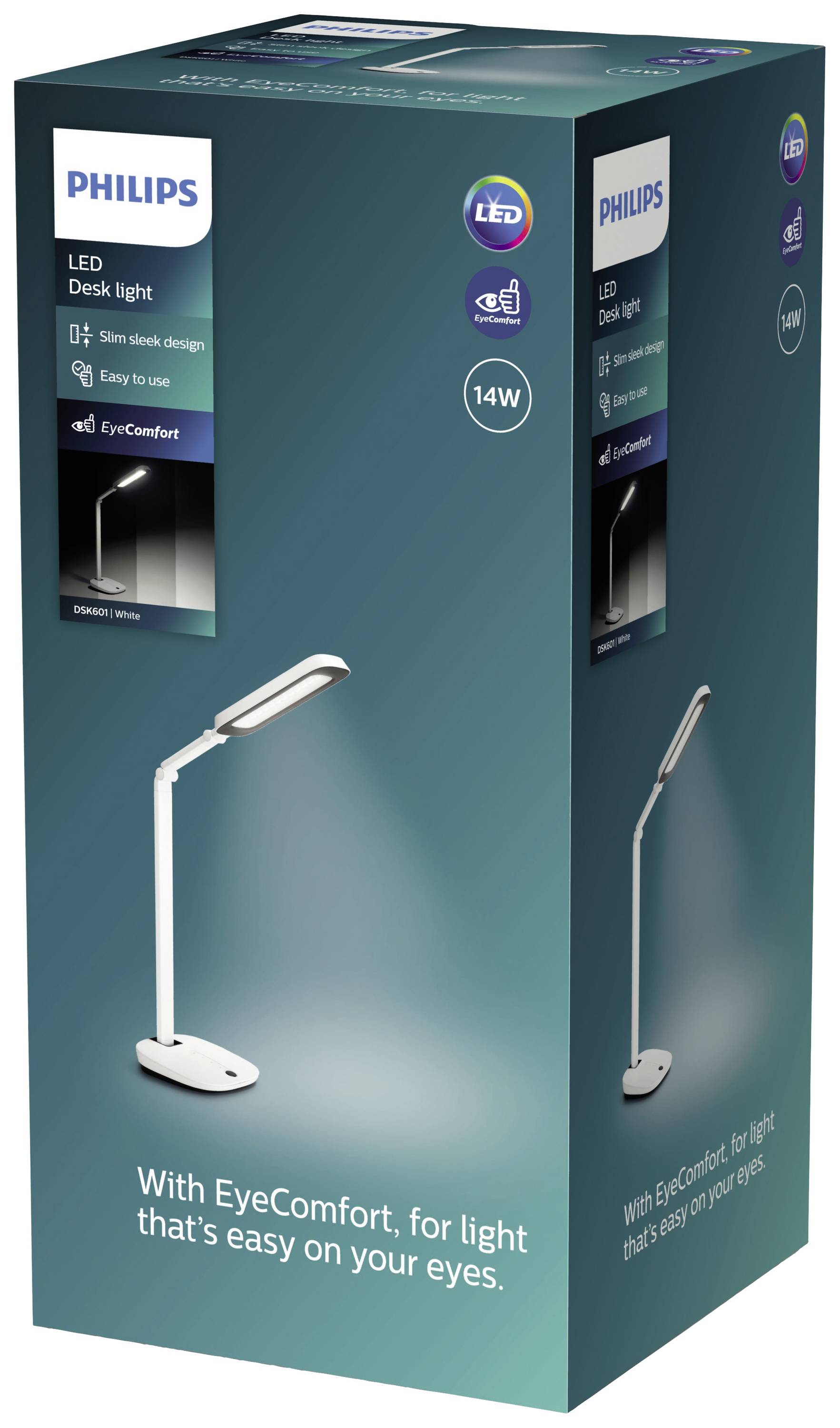 Packaging for a Philips LED Desk Lamp, 14W, with sleek design. Text: 'With EyeComfort, for light that's gentle on your eyes'.