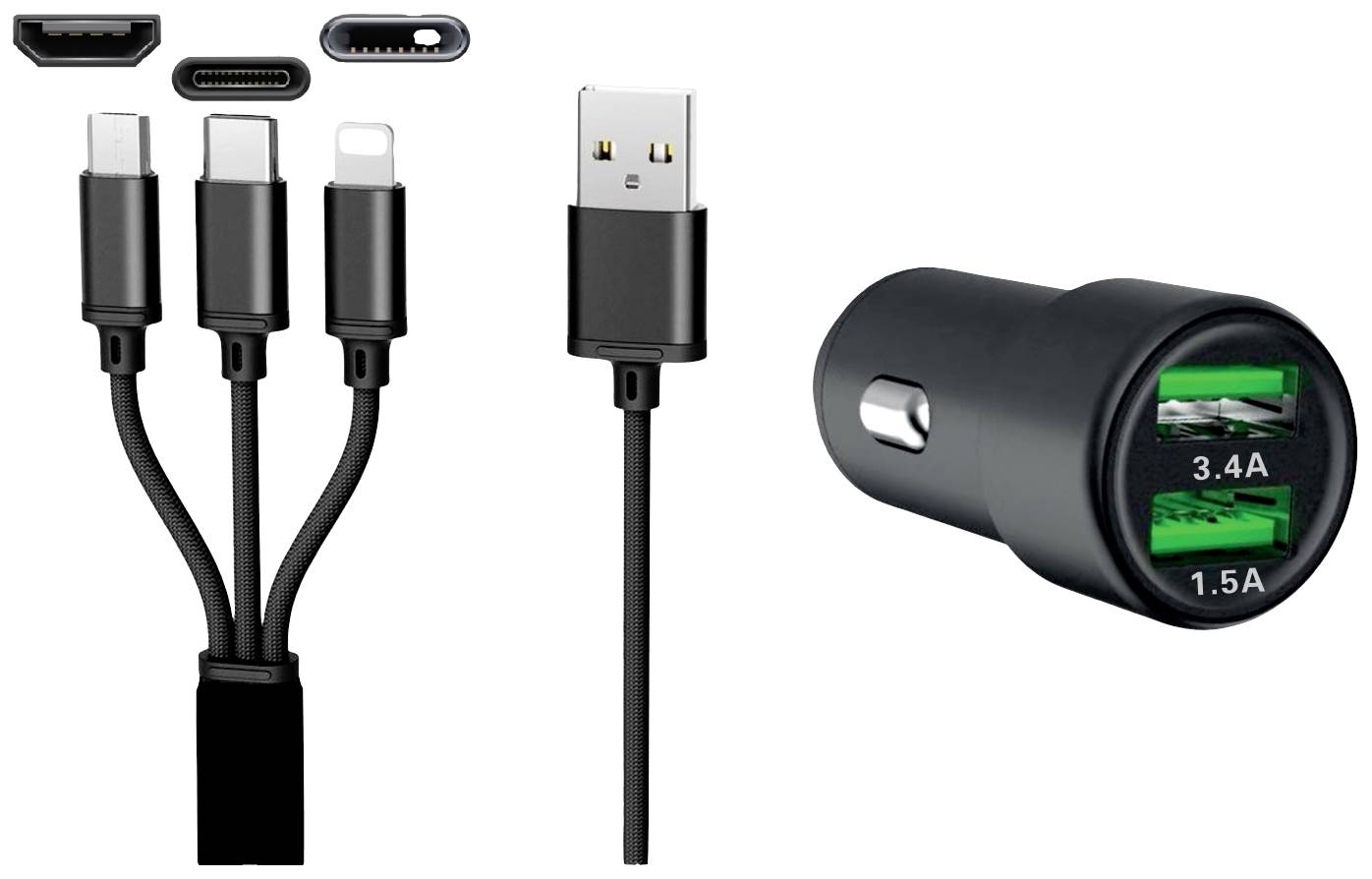 Multi-charging cable with USB-A, USB-C, Micro-USB, Lightning connectors and a car charger with two USB ports (3.4A and 1.5A).