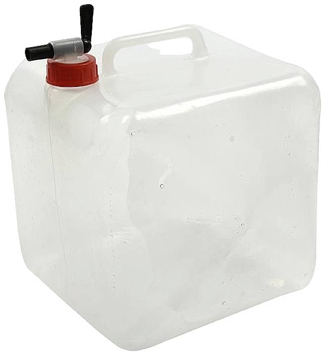 A transparent plastic container with a red cap and black tap. The container has a handle on top.