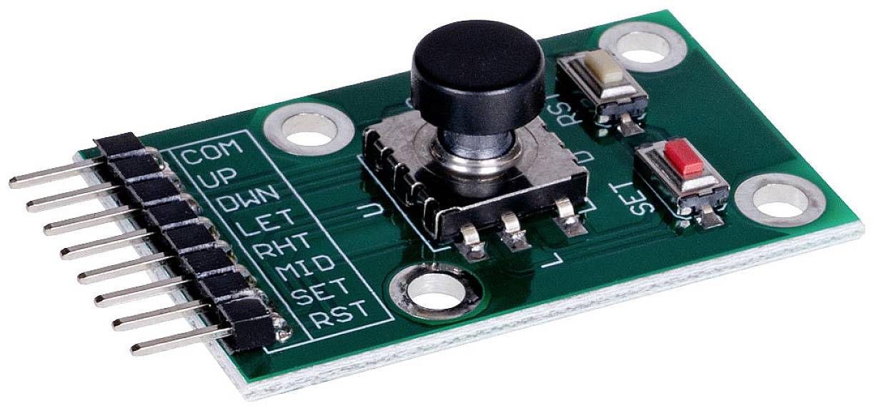 A green electronic module with a round black push button in the centre, surrounded by labelled pins and two small toggle switches.