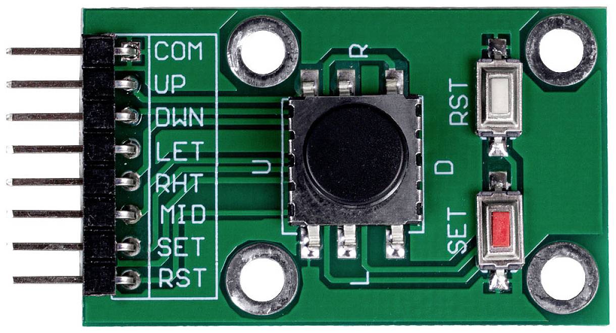 A green electronic module with multiple pins on the left, a central button, and two rectangular buttons on the right, labelled 'SET' and 'RST'.