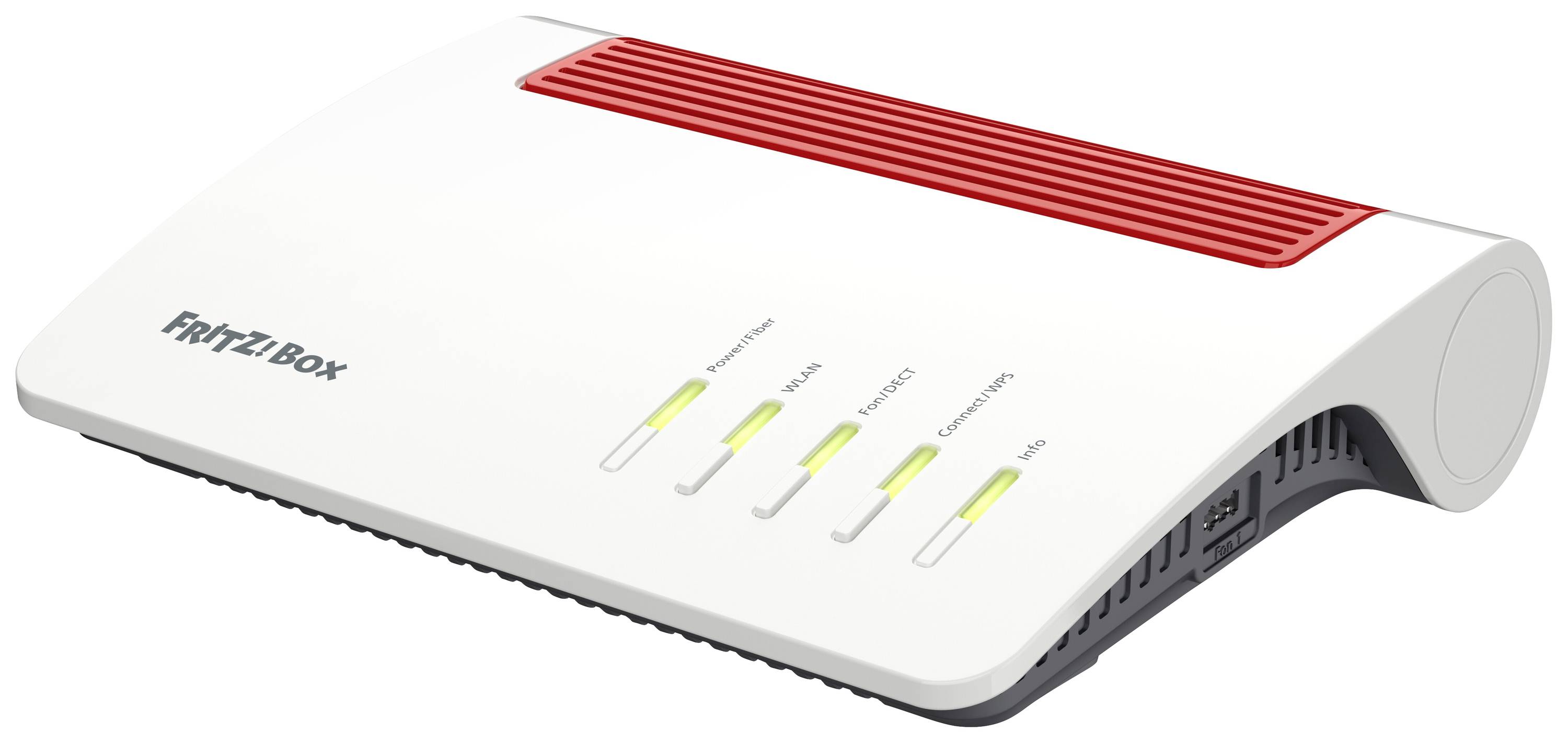 A white Wi-Fi router with red elements and LED indicators for Power, DSL, Wi-Fi, Telephony and Info on the front panel.