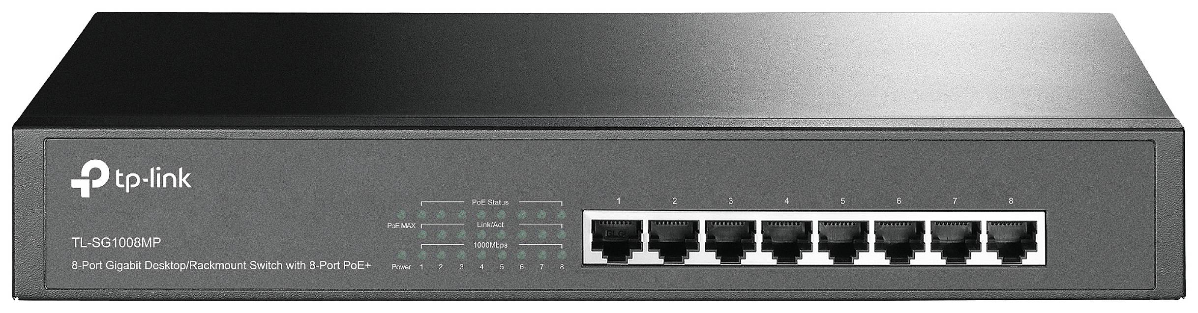 8-Port Gigabit Desktop Switch from TP-Link with PoE+ functionality, model TL-SG1008MP.