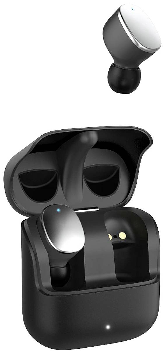 Wireless black earbuds with a silver accent in an open charging case. One earbud is visibly positioned separately beside it.