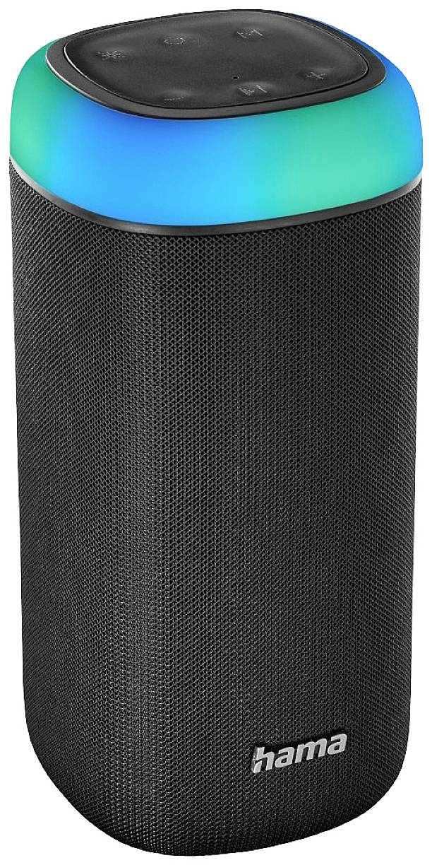 Black, cylindrical speaker with illuminating blue and green LED lighting on top, brand 'Hama'.