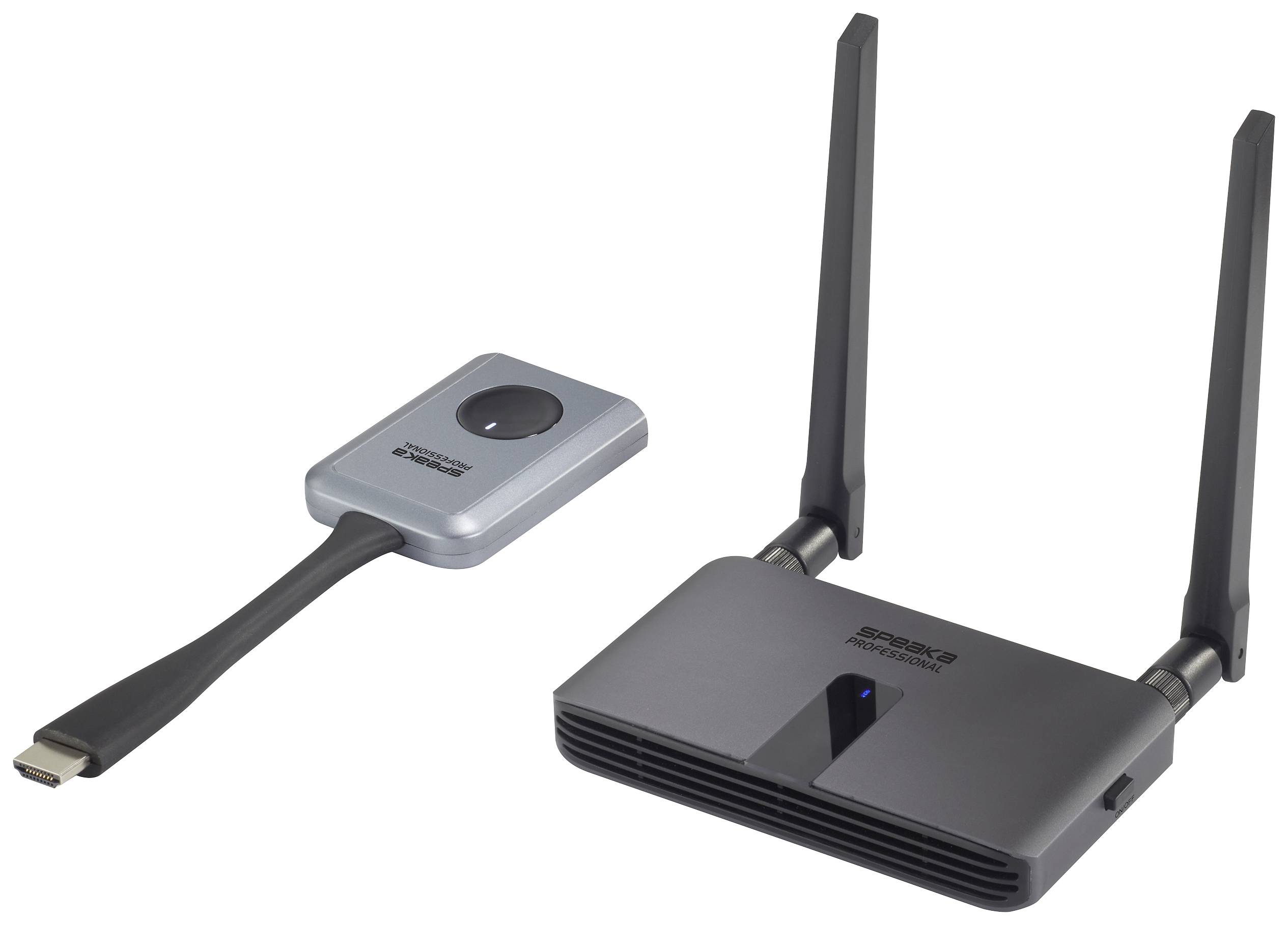 A wireless HDMI transmitter and receiver; on the left, a silver device with an HDMI connection, on the right a black and silver receiver with two aerials.