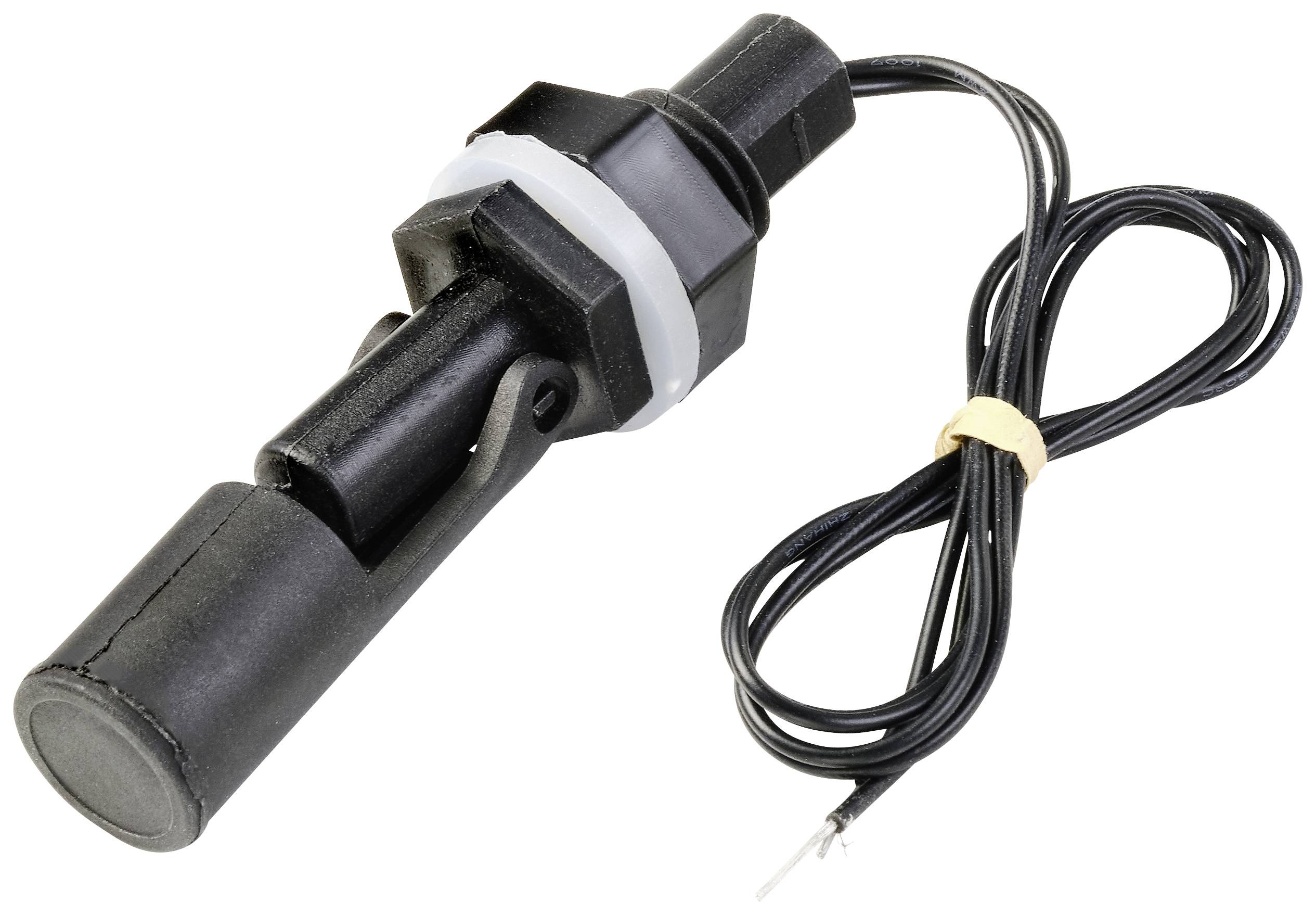 A sensor with a cylindrical body and cable for connection. Manufactured from black material, possibly for water measurements.