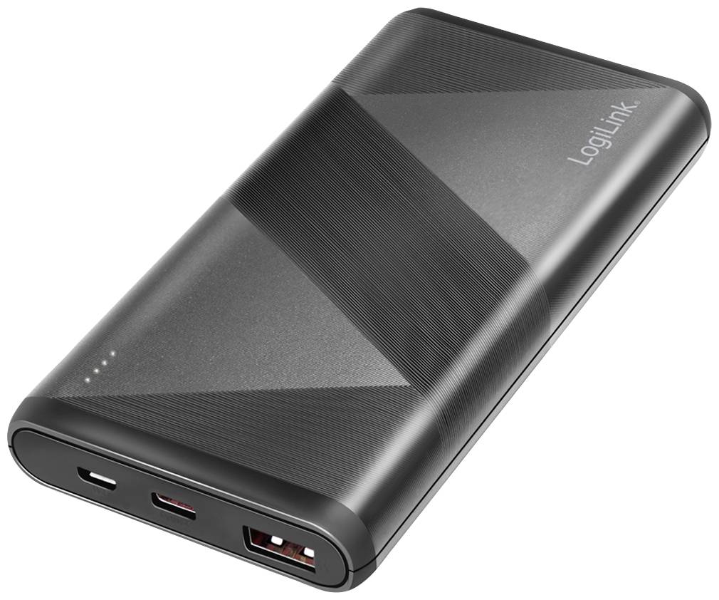 Black power bank by LogiLink with USB ports and four small LED lights to indicate the charging status.