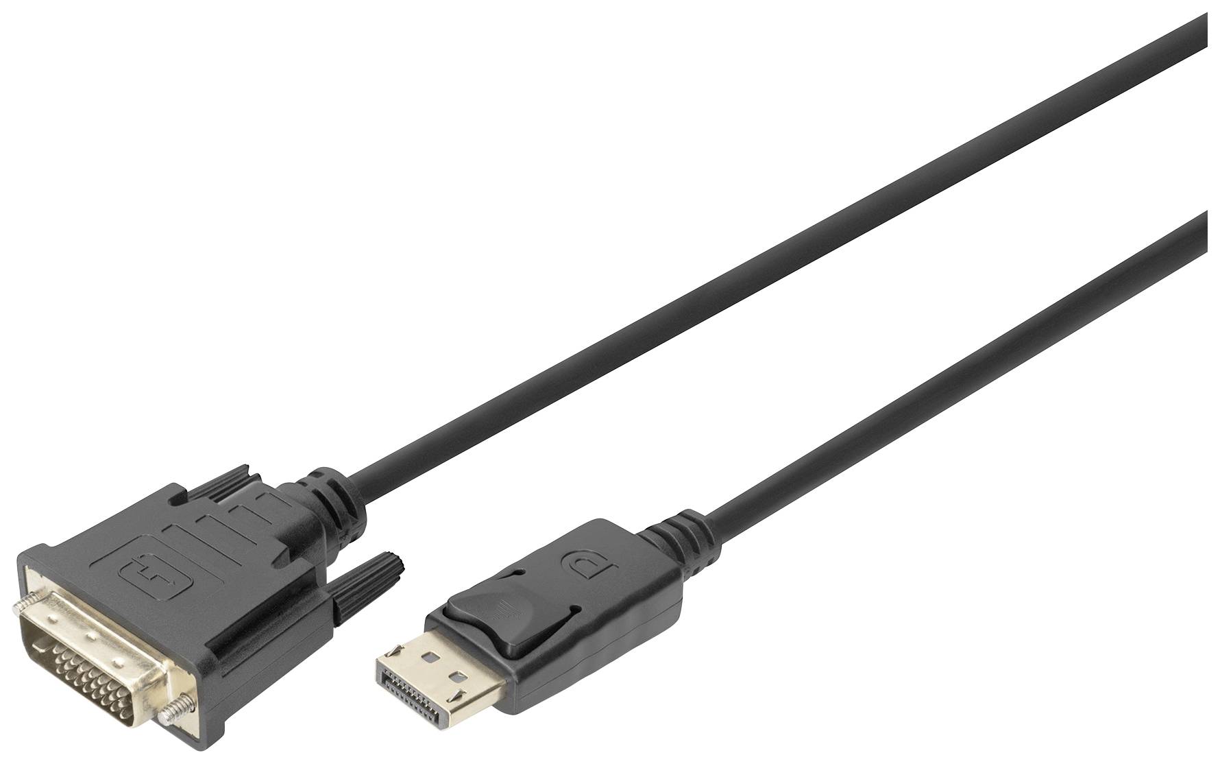DVI to DisplayPort cable, black, with plugs at both ends. Used for connecting computers and monitors.