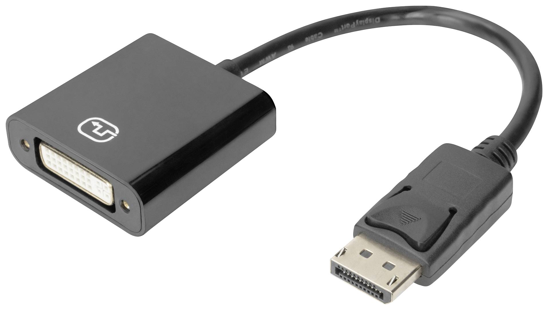 An adaptor cable with a DisplayPort plug on one side and a DVI socket on the other, for connecting monitors to computers.