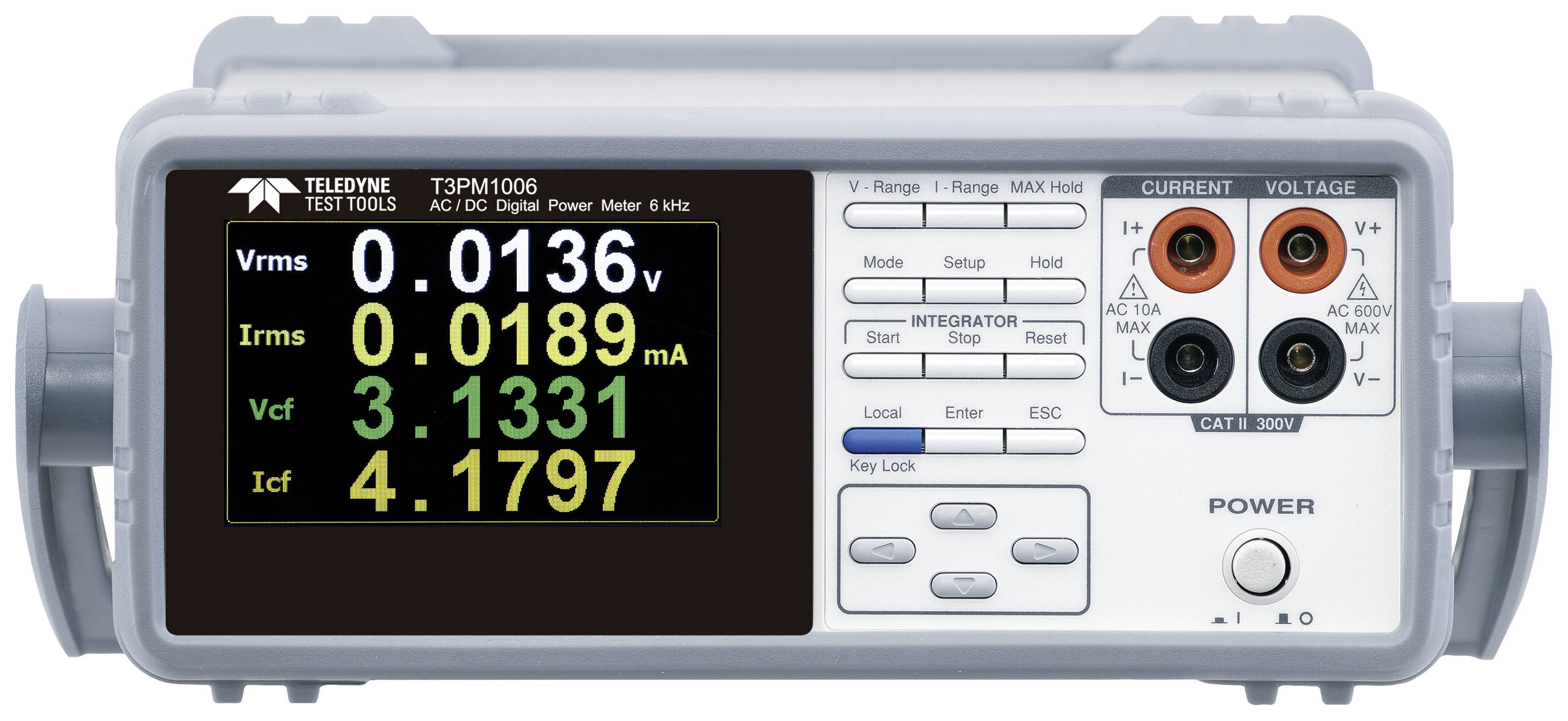 A digital multimeter with a display showing electrical measurement values such as Vrms, Irms, Vcf and Icf. Measurement terminals are on the right.