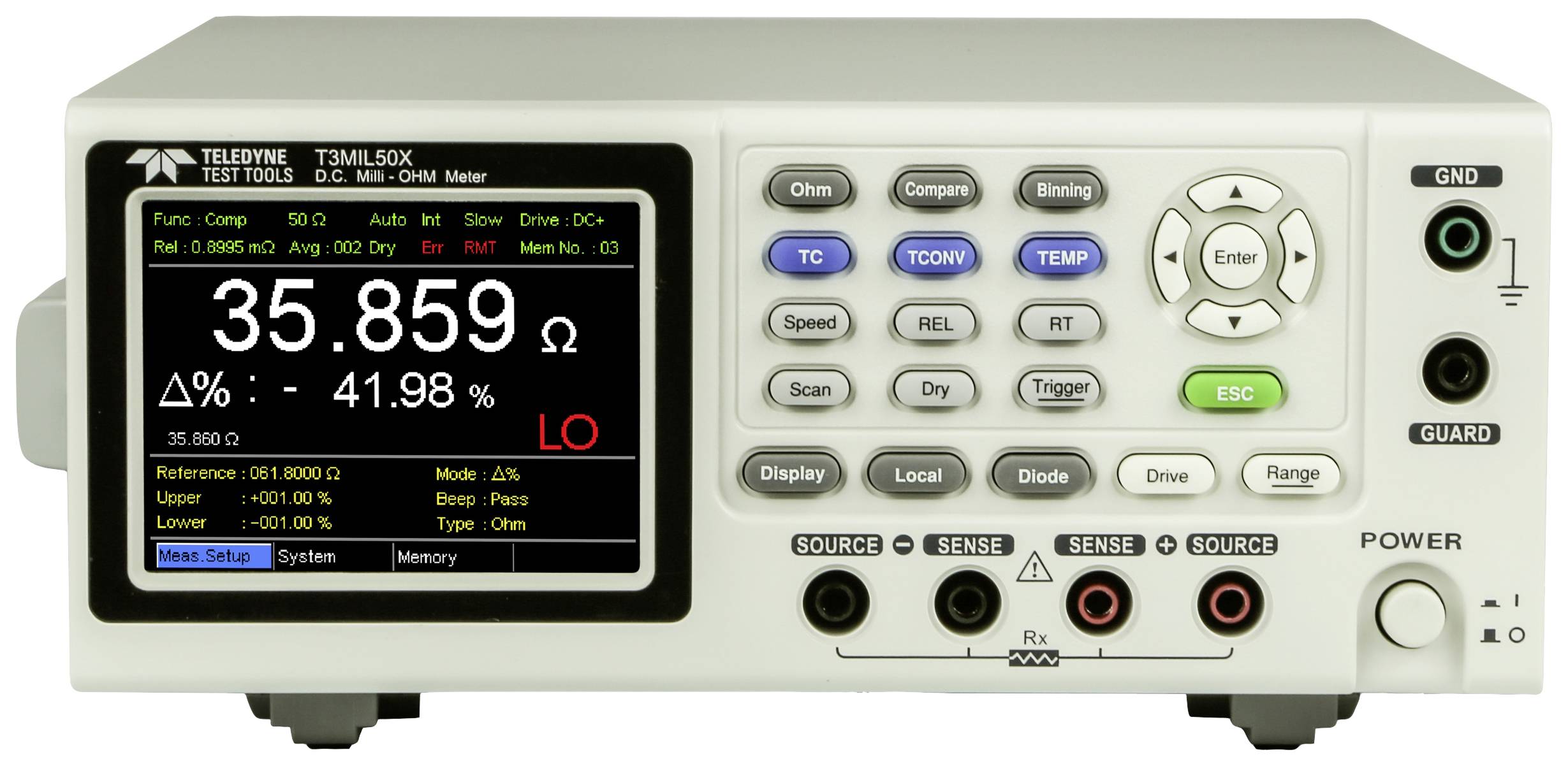 Digital ohmmeter with large display; shows 35.859 ohms and -41.98% delta. Various buttons for settings and control.