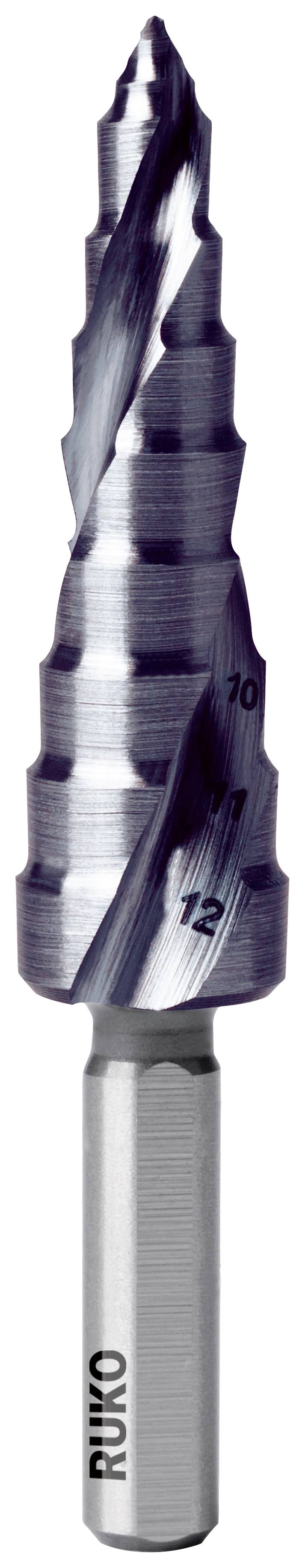 High-speed steel step drill bit with four cutting edges, graduated conical shape, label on the shank side.