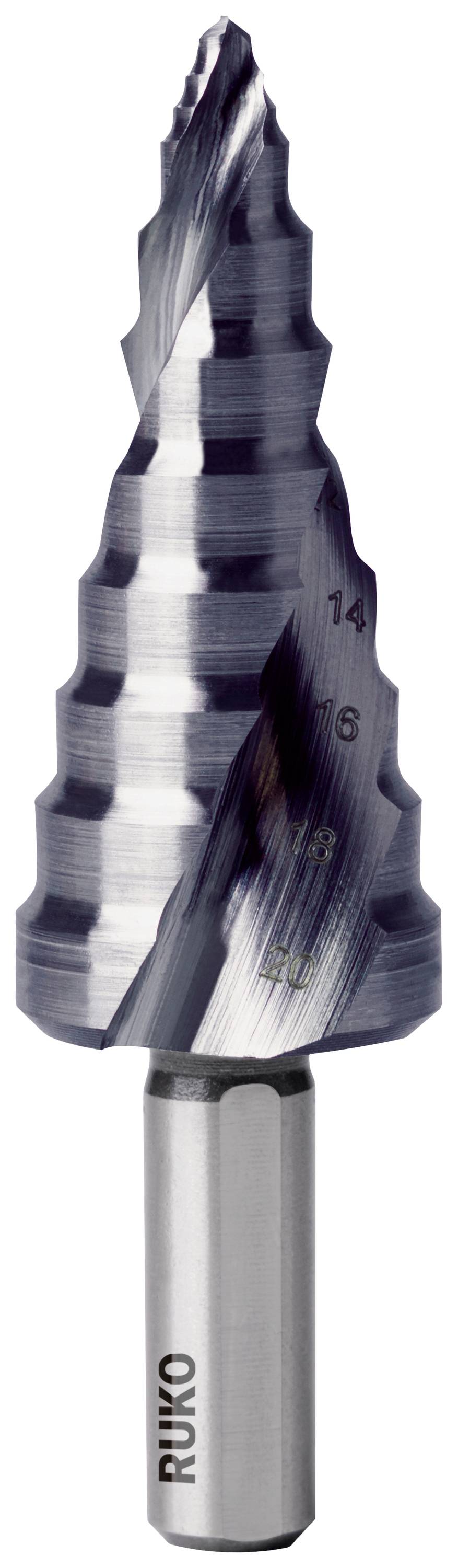 A step drill bit with multiple cutting edges for drilling holes of varying diameters. Metallic finish, brand 'Ruko'.