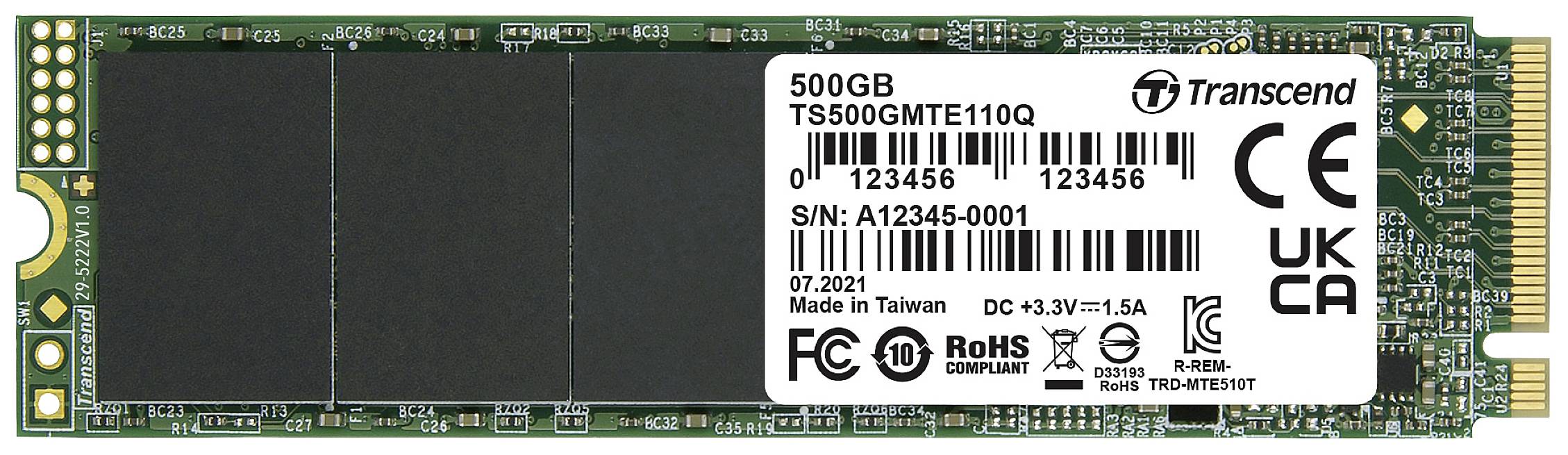 Transcend 500GB SSD Drive, Model TS500GMTE110Q, Serial Number A12345-0001, manufactured in Taiwan, July 2021, CE and RoHS certified.