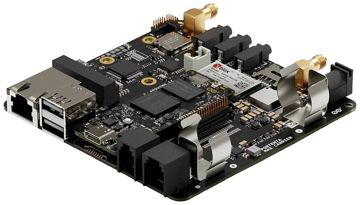 An electronic circuit board with various ports and interfaces, including USB, Ethernet, HDMI, and mechanical components.