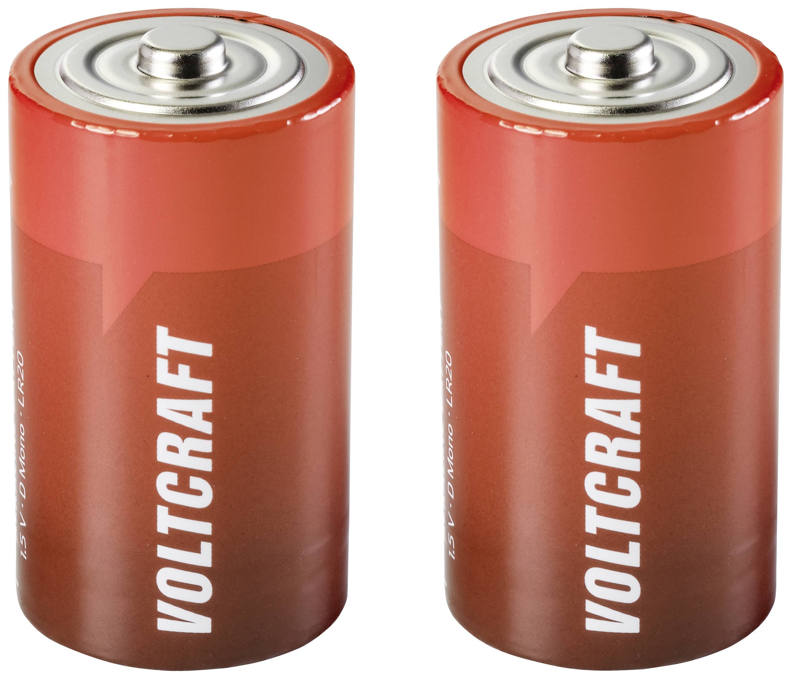 Two red batteries of the VOLTCRAFT brand with a silver upper end.