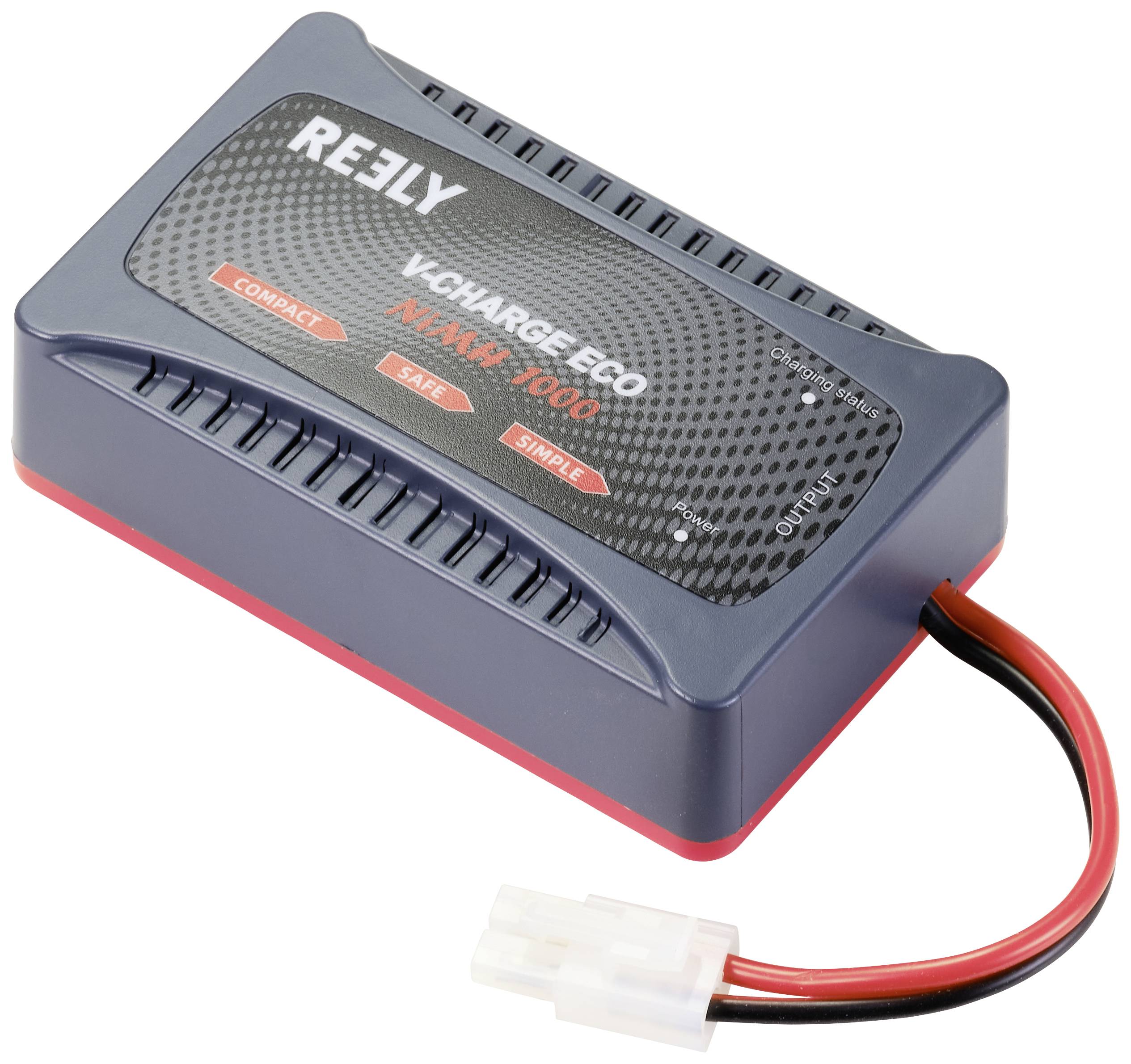A black charger with the inscription 'V-Charge Eco NiHM-1000' and a cable on the right side.