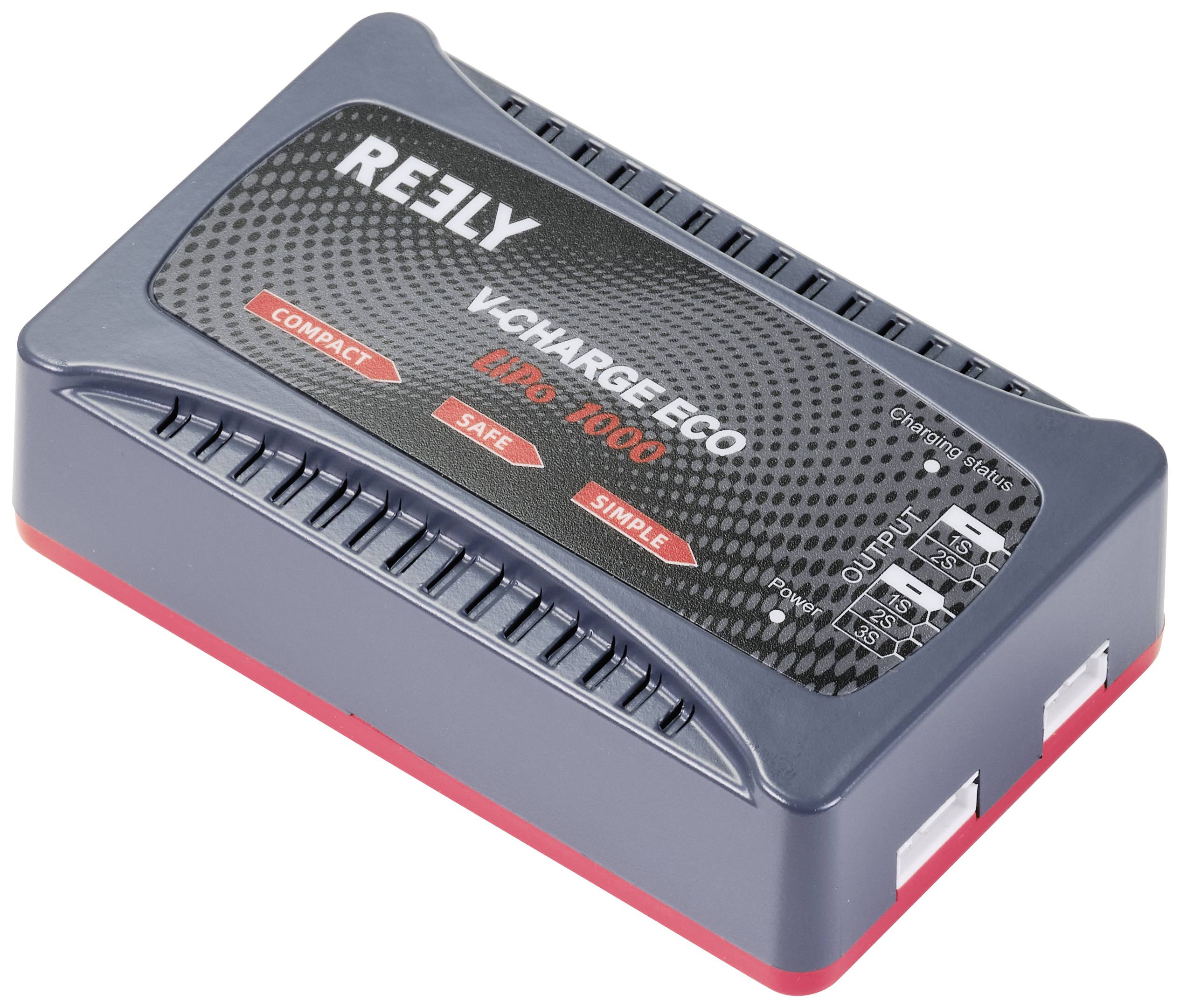 'REELY V-Charge Eco LiPo 1000 Charger' in black-grey with red accents. Display for OUTPUT 3V, 5V and LED lights visible.