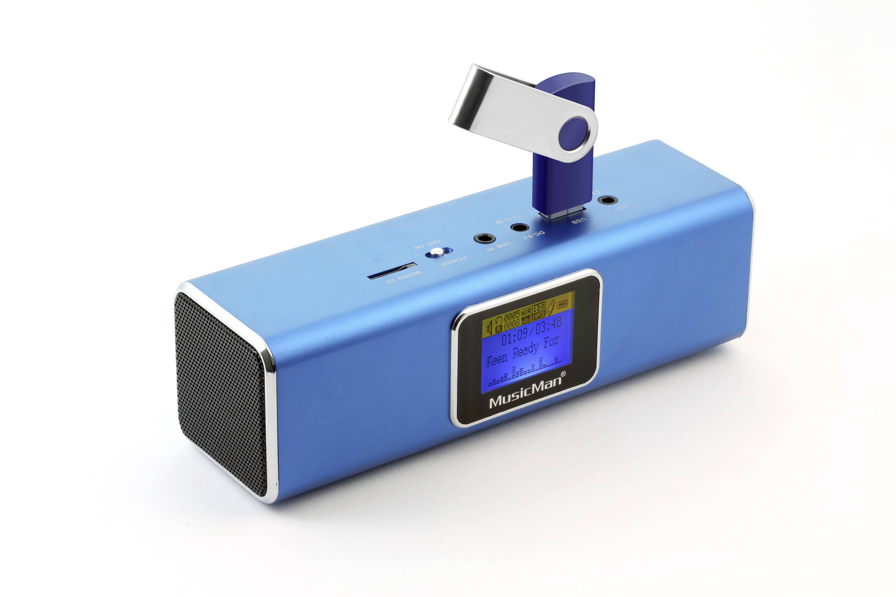 Mini speaker Music Man MA Display blau Aux, FM radio, SD, portable, USB Blue (metallic)