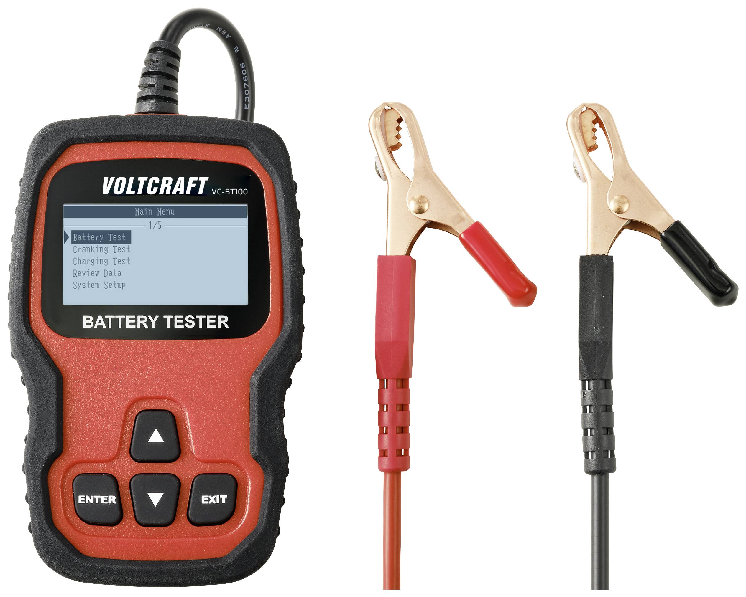 A red battery testing device with a display and buttons for testing and analysing battery performance. Beside it are two testing cables with clips.