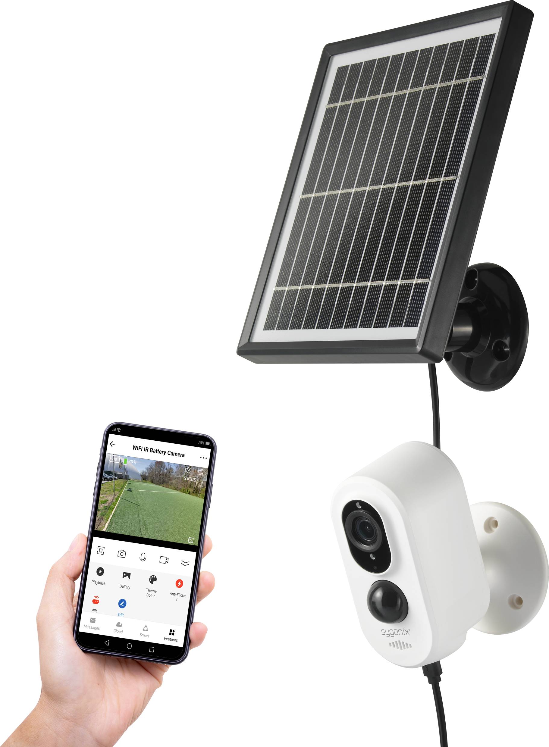 Solar-powered surveillance camera with solar panel mounted on the wall. A hand holds a smartphone with a monitoring app.