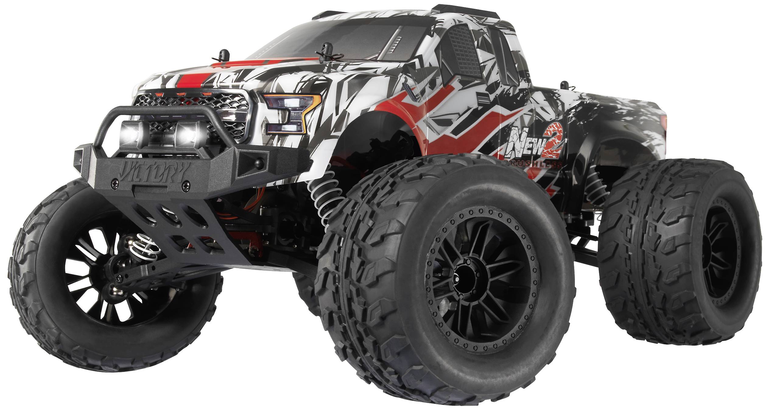 A remote-controlled monster truck with high ground clearance and thick tyres in a black, white, and red design is standing on a light background.