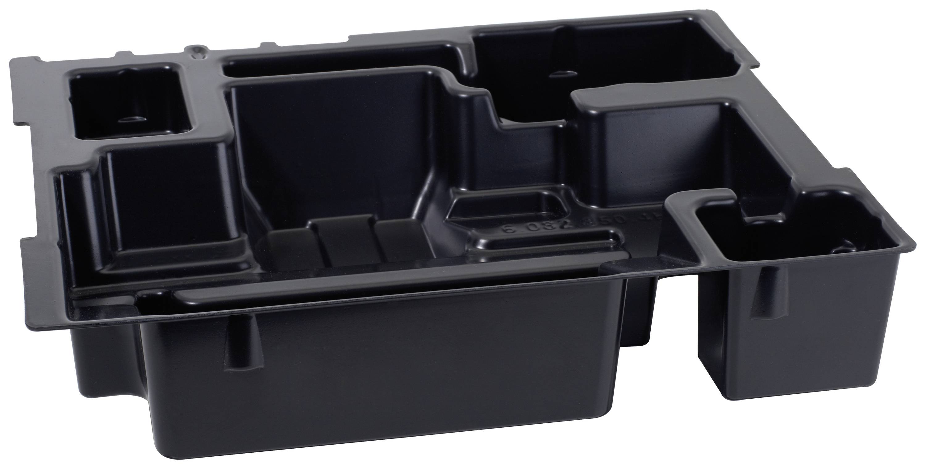 A black, rectangular plastic container with multiple compartments, suitable for organising various items.