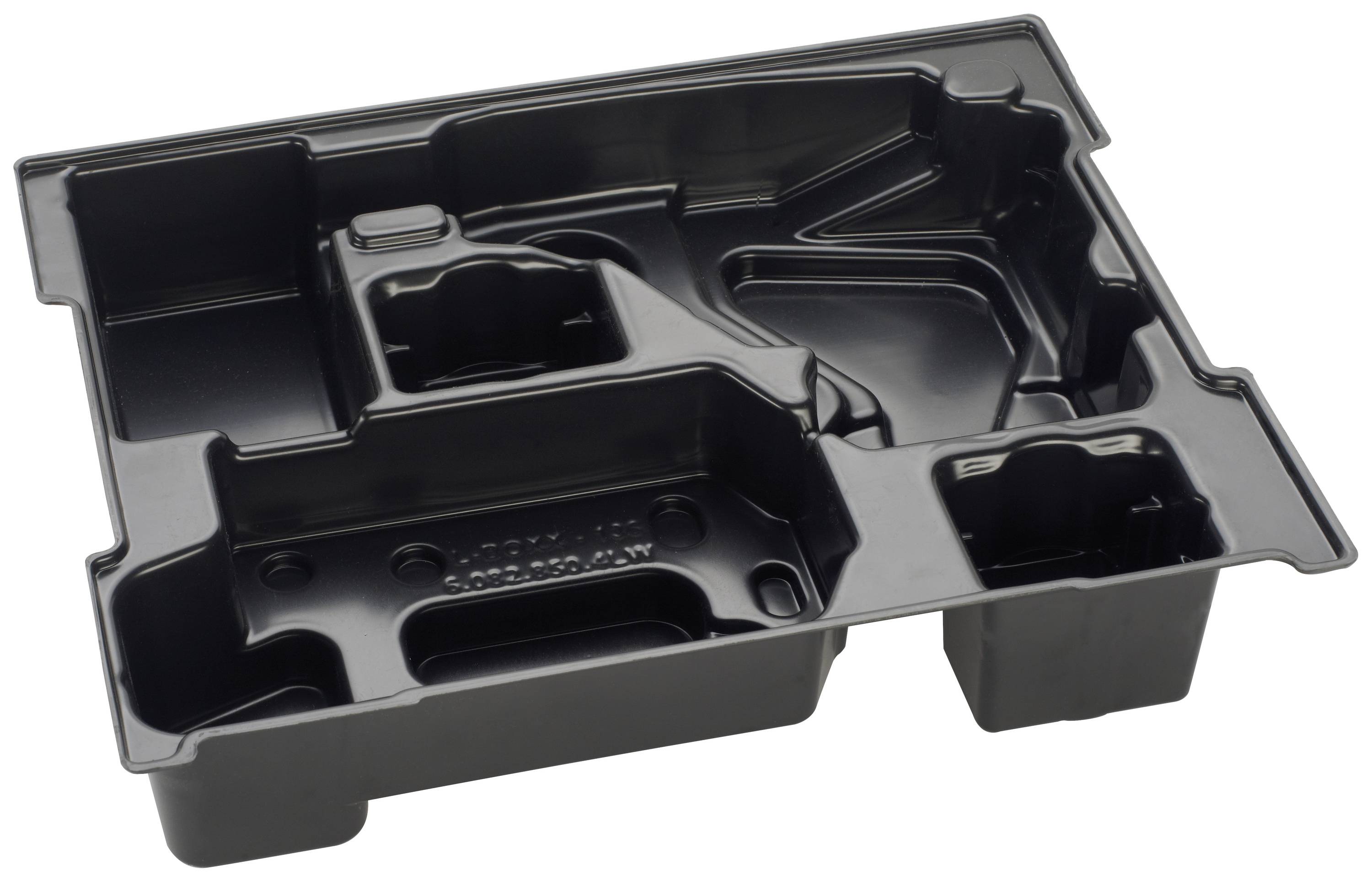 Black plastic storage container with multiple compartments, likely used for storing or transporting electronic devices or tools.