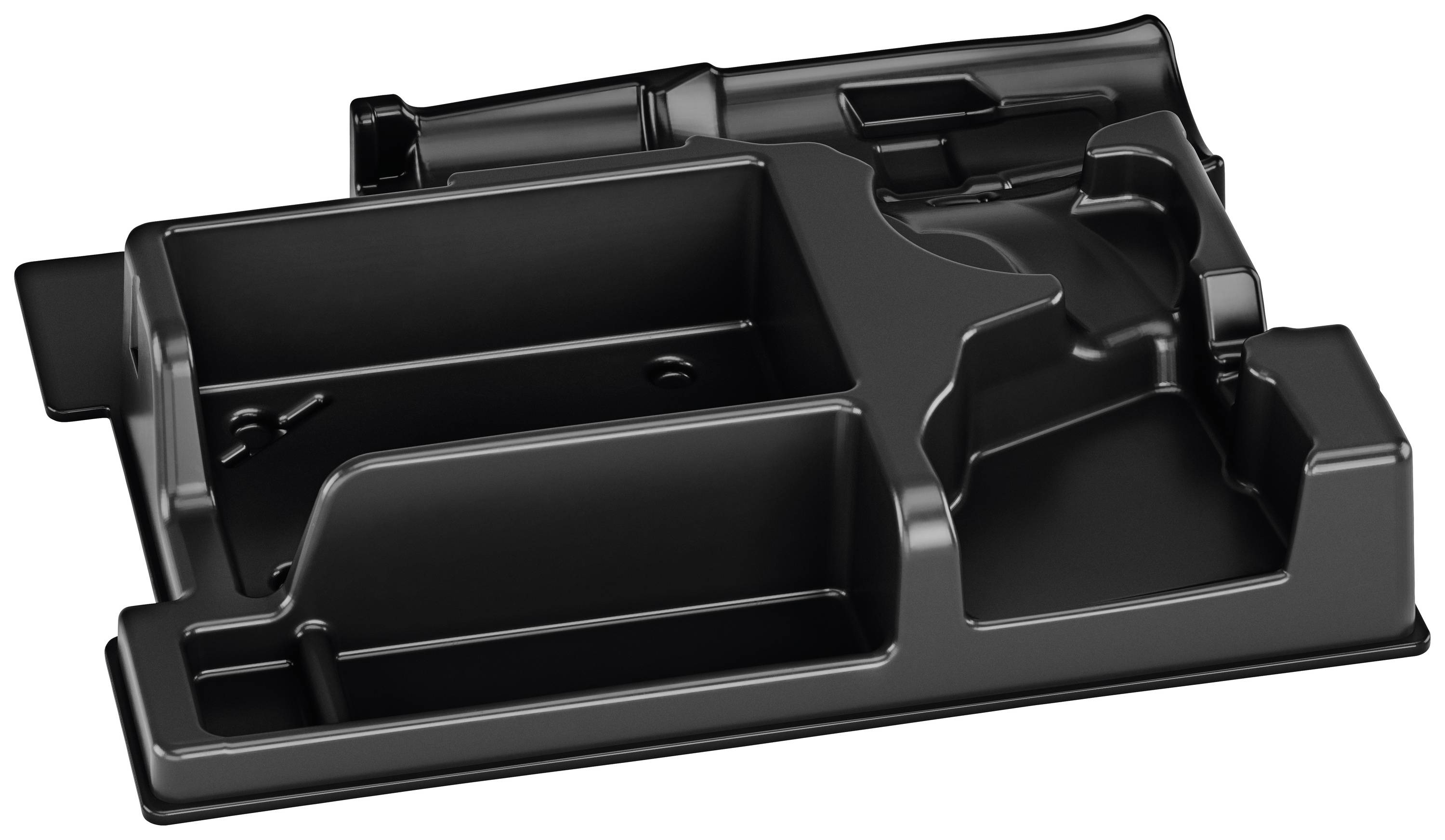 A black, rectangular plastic storage case with multiple compartments for storing tools or small parts.