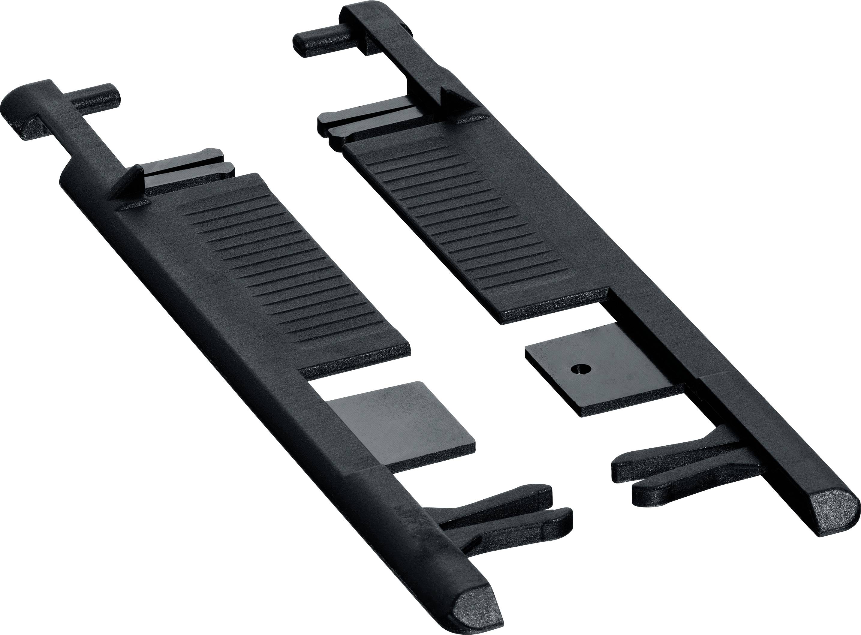 Two black, elongated plastic components with hooks and grooves, lying side by side, possibly attachments or mountings.