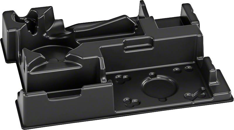 A black plastic component with multiple compartments and protrusions, potentially an insert for a product enclosure or packaging.