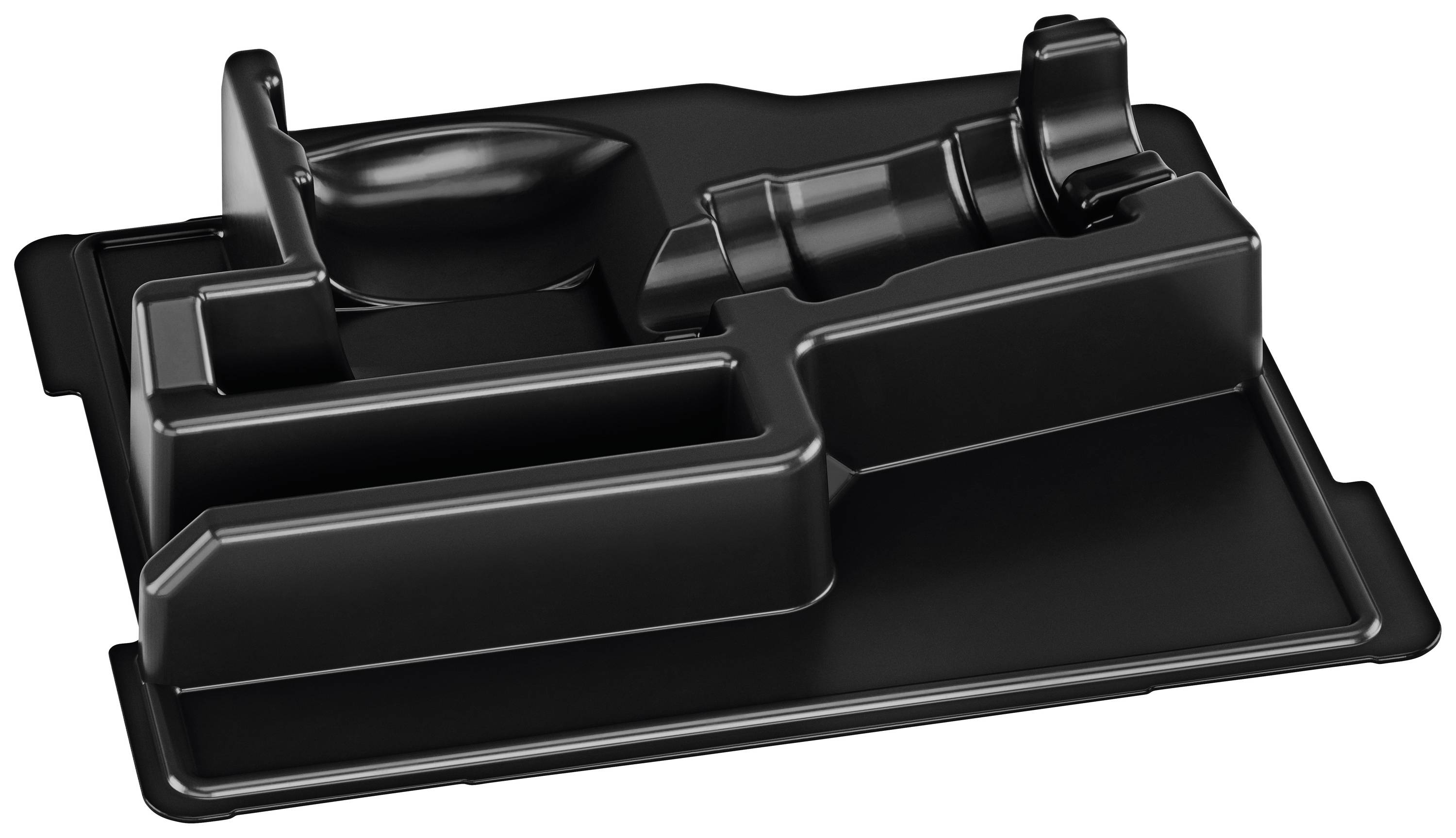 A black plastic mould that serves as a packaging insert and provides multiple compartments for various items.