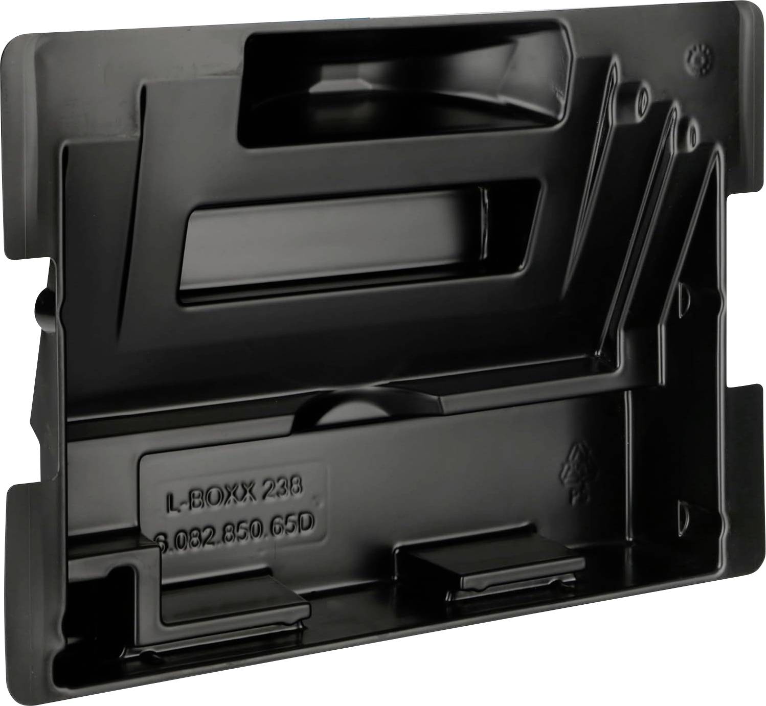 Black case for tool box with various compartments for organising tools and accessories.