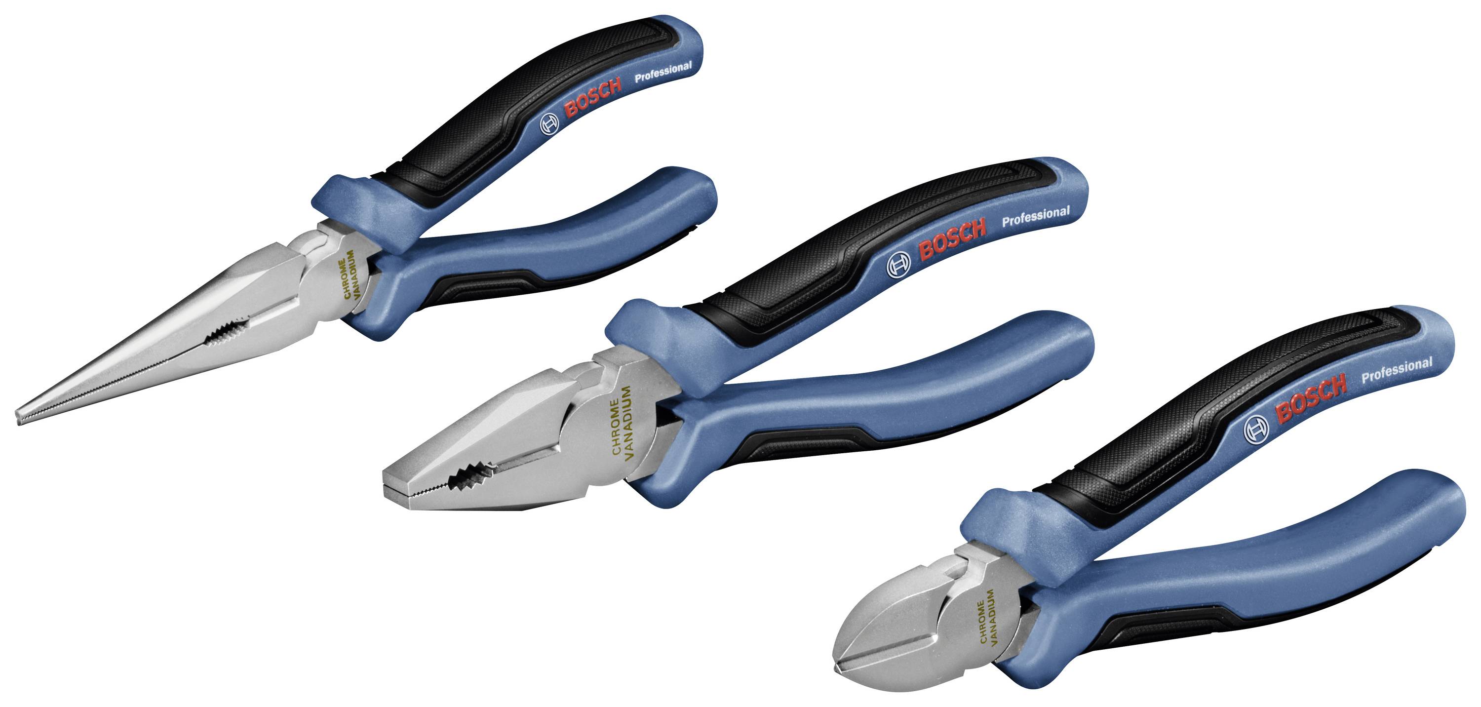 Three blue and black pliers of different shapes and sizes, lined up on a white background. Brand name visible on each handle.