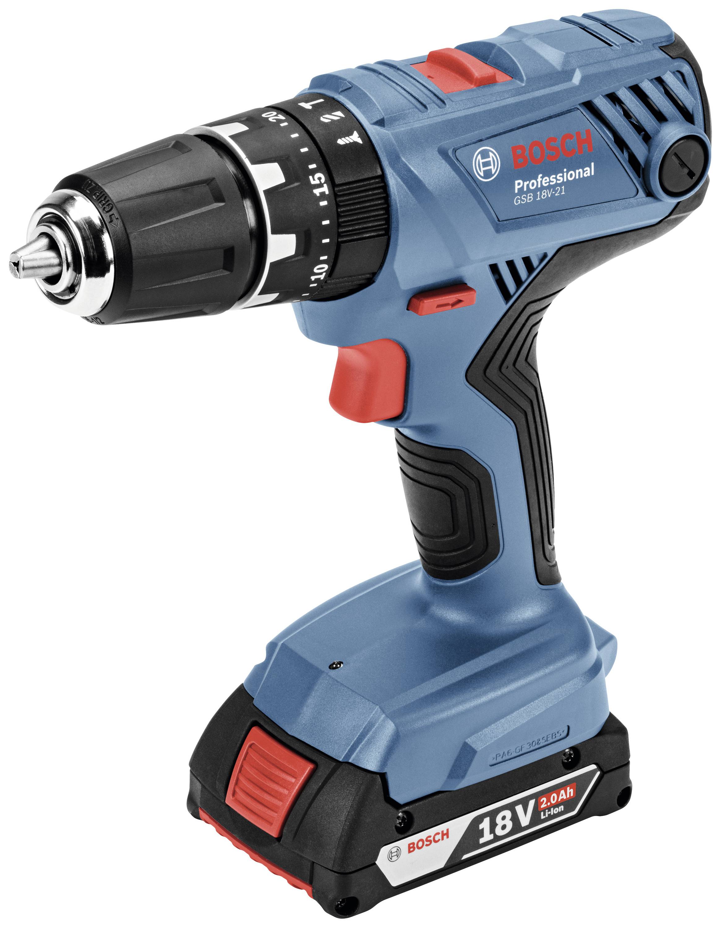 A blue, cordless Bosch cordless drill with battery pack, model number, torque adjustment and rubberised grip.