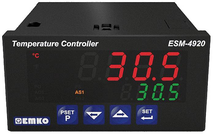 A black temperature controller with a red display shows '30.5°C'. Buttons beneath are blue with the functions 'PSET', left arrow, right arrow, and 'SET'.