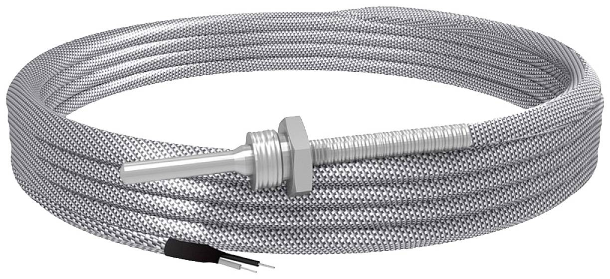 Metallic resistance thermometer with braided protective sheath and threaded connection, suitable for temperature monitoring.