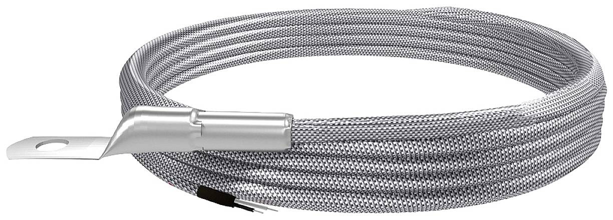 A silver, braided cable, coiled and with a flat plug at one end, possibly for electrical applications.