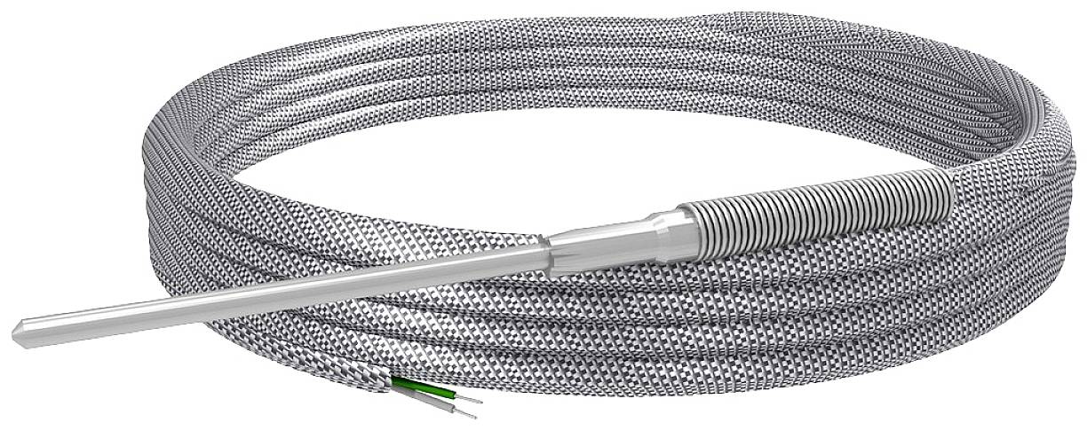 Long, braided metal cable with a metal probe at one end and two exposed wires at the other end. Suitable for temperature measurements.
